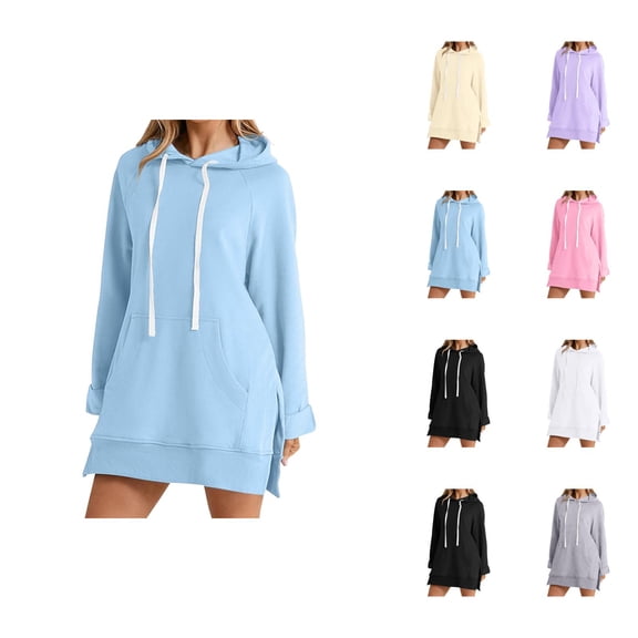 Dress Hoodies for Women 2026 Fall Winter Casual Long Sleeve Side Slit Hem Hooded Sweatshirt Dress with Pockets Pullover Top