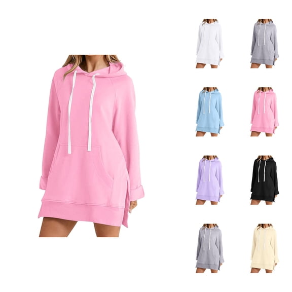 Dress Hoodies for Women 2026 Fall Winter Casual Long Sleeve Side Split Hem Hooded Sweatshirt Dress with Pockets Pullover Top
