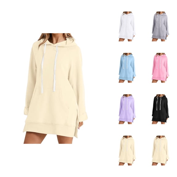 Dress Hoodies for Women 2026 Fall Winter Casual Long Sleeve Side Split Hem Hooded Sweatshirt Dress with Pockets Pullover Top