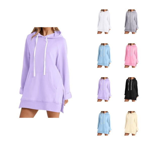 Dress Hoodies for Women 2026 Fall Winter Casual Long Sleeve Side Split Hem Hooded Sweatshirt Dress with Pockets Pullover Top