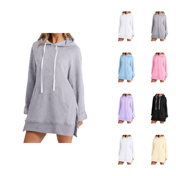 Dress Hoodies for Women 2026 Fall Winter Casual Long Sleeve Side Split Hem Hooded Sweatshirt Dress with Pockets Pullover Top