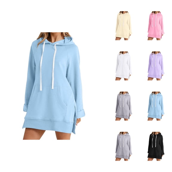 Dress Hoodies for Women 2026 Fall Winter Fashion Long Sleeve Side Slit Hem Hooded Sweatshirt Dress Pullover Top with Pockets