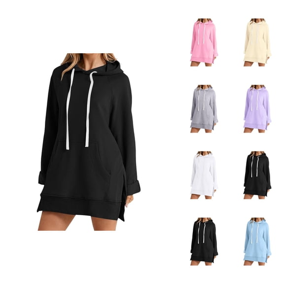 Dress Hoodies for Women 2026 Fall Winter Fashion Long Sleeve Side Slit Hem Hooded Sweatshirt Dress Pullover Top with Pockets