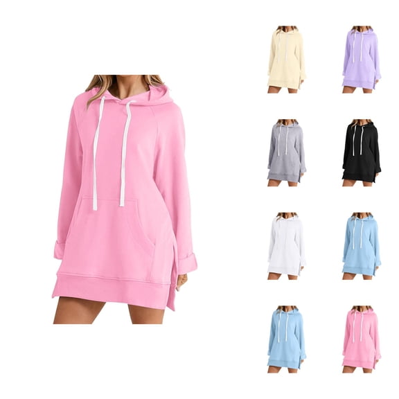 Dress Hoodies for Women 2026 Fall Winter Fashion Long Sleeve Side Split Hem Hooded Sweatshirt Dress Pullover Top with Pockets
