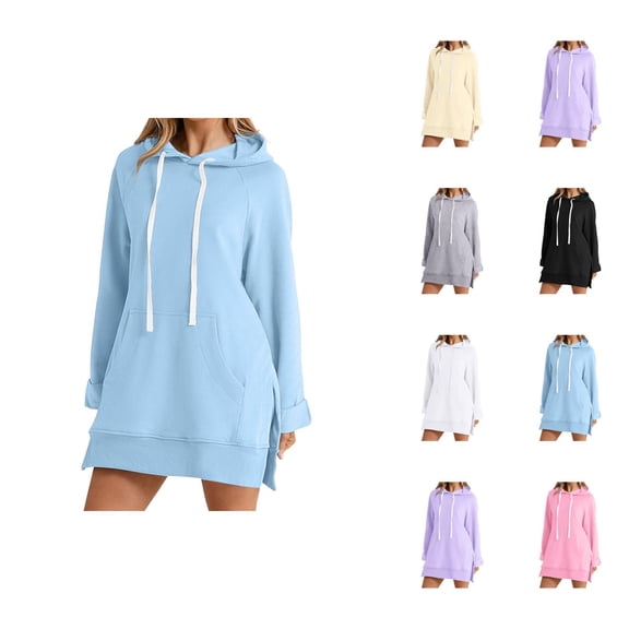 Dress Hoodies for Women 2026 Fall Winter Fashion Long Sleeve Side Split Hem Hooded Sweatshirt Dress Pullover Top with Pockets