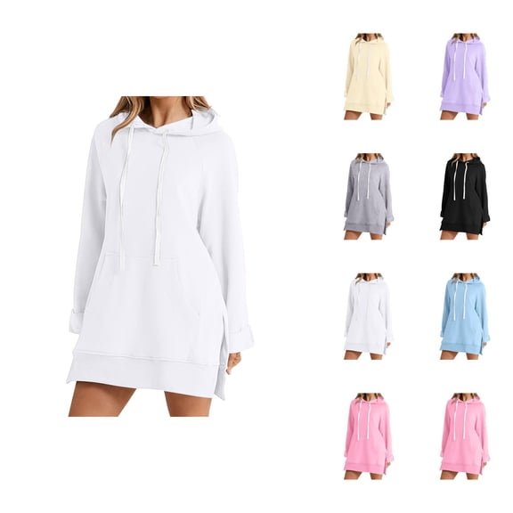 Dress Hoodies for Women 2026 Fall Winter Fashion Long Sleeve Side Split Hem Hooded Sweatshirt Dress Pullover Top with Pockets