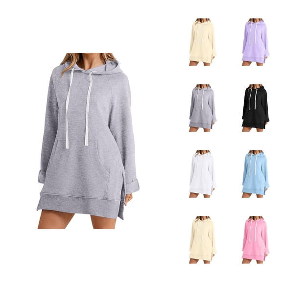 Dress Hoodies for Women 2026 Fall Winter Fashion Long Sleeve Side Split Hem Hooded Sweatshirt Dress Pullover Top with Pockets