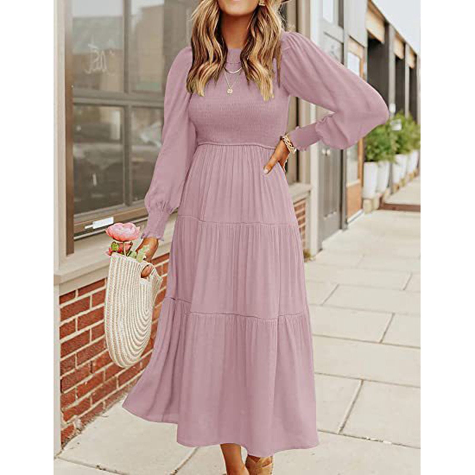 Dress Long Sleeve Round Neck Layered Pleated Casual Fashionable