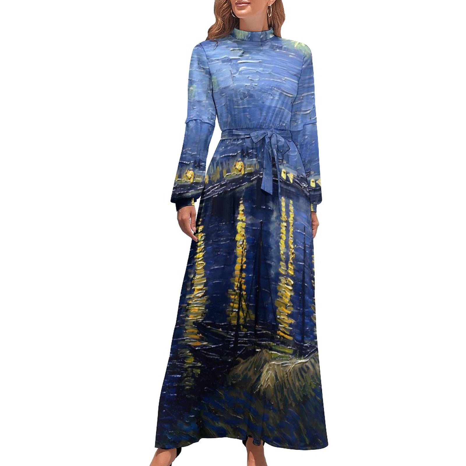 Dress Long Sleeve Water Lilies Print Kawaii Maxi Dress High Neck Street