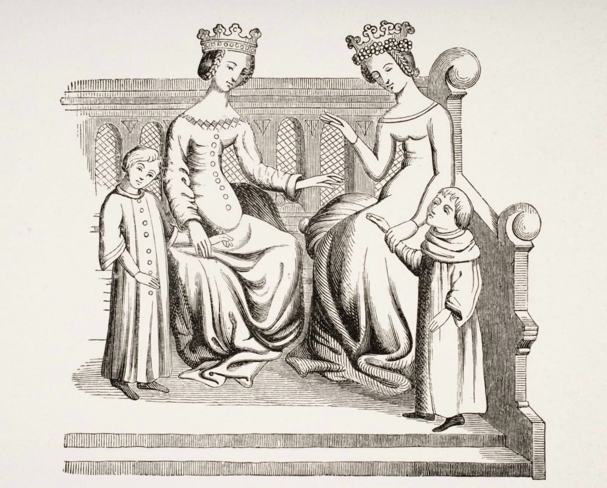 Dress Of Noble Ladies And Children In The 14Th Century From Miniature In Merveilles Du Monde Canvas Art - Ken Welsh Design Pics (17 x 13)