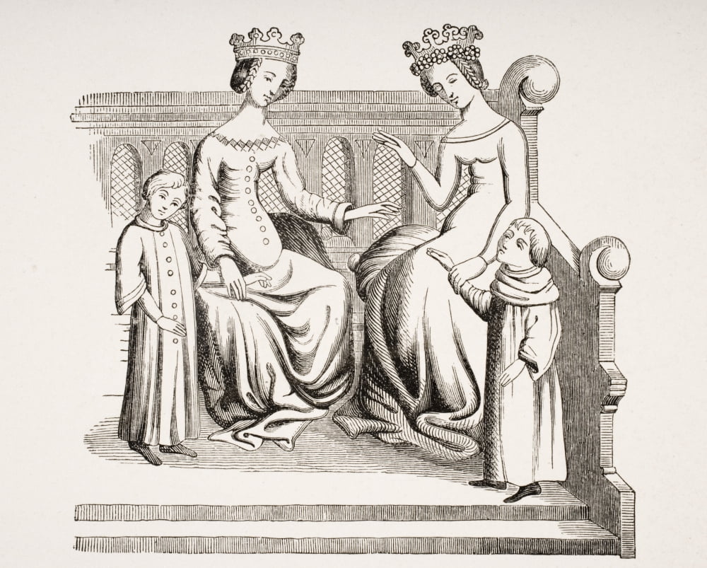 Dress Of Noble Ladies And Children In The 14Th Century From Miniature In Merveilles Du Monde Canvas Art - Ken Welsh Design Pics (34 x 26)