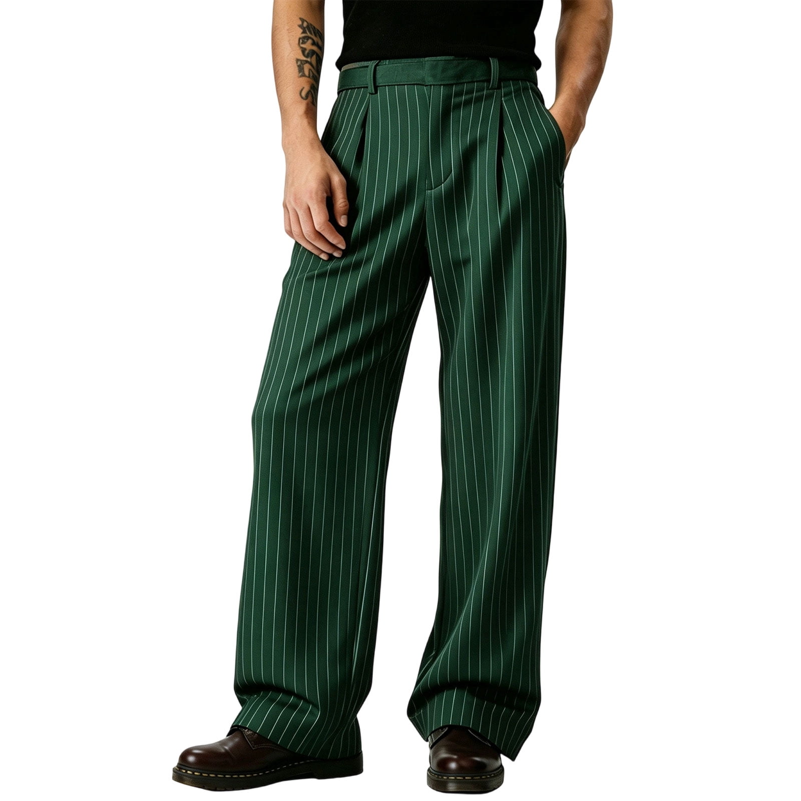 Dress Pants Men High Waist Pinstripe Basic Pants Pleated Wide Leg Fall ...