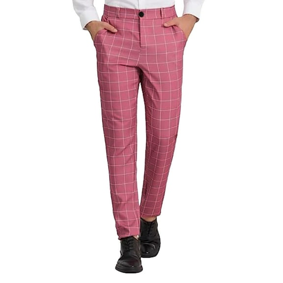 Dress Pants for Men Slim Fit Stretch Plaid Button Mid Waist Business Trousers with Pockets Straight Leg Fall Winter Trendy Cropped Suit Pants for Men Pink L
