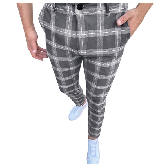 Dress Pants for Men Slim Fit Stretch Plaid Mid Waist Button Business Trousers with Pockets Casual Fall Winter Trendy Cropped Suit Pants for Men Grey L