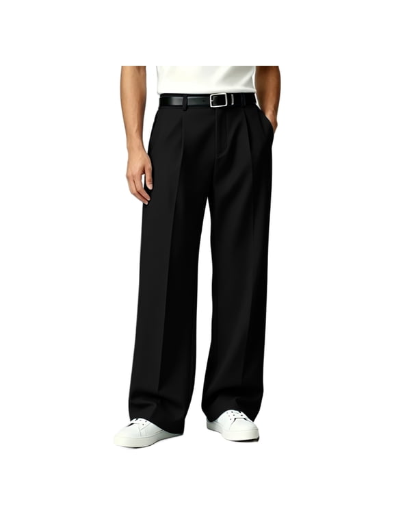Dress Pants Men Summer Pleated Pants Soft Bussiness Casual Baggy Straight Leg Pant with Pockets Office Work Slacks Black L