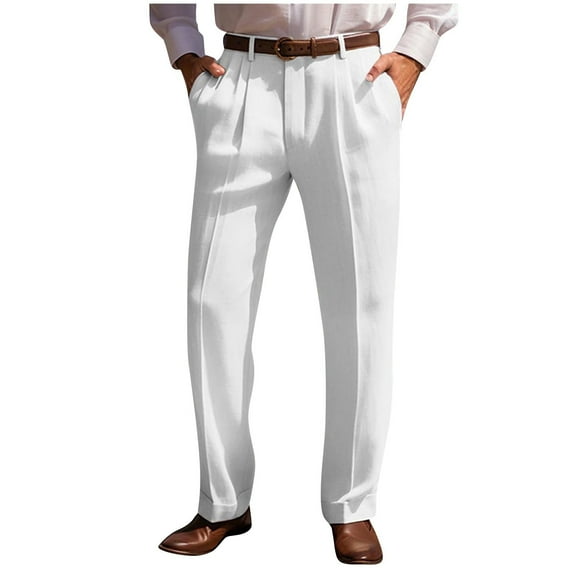 Dress Pants Mens High Waisted Work Pants Classic Fit Pleat Front Straight Leg Trousers Solid Color Regular Fit Pants