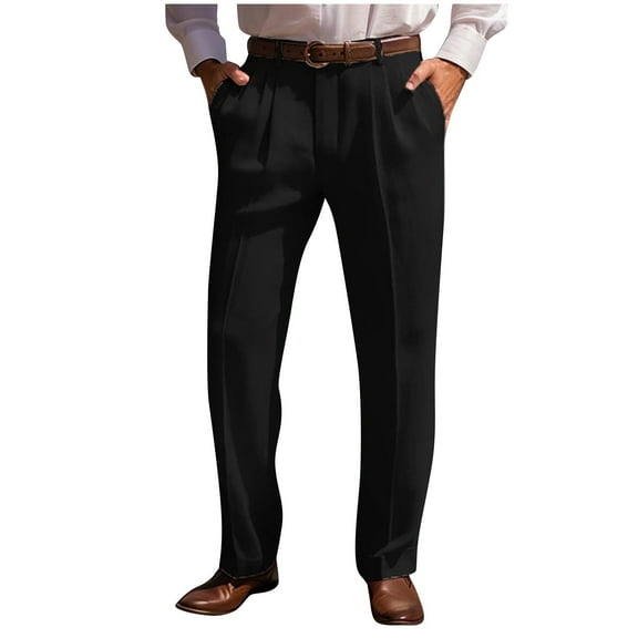 Dress Pants Mens High Waisted Work Pants Classic Fit Pleat Front Straight Leg Trousers Solid Color Regular Fit Pants