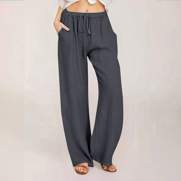 Tawop Linen Pants Women Lounge Pants for Women Casual Lightweight Drawstring High Waist Wide Leg Trousers with Pockets
