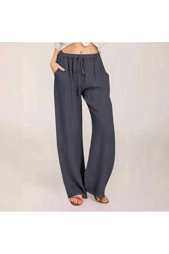 Linen Pants Women Lounge Pants for Women Casual Lightweight Drawstring High Waist Wide Leg Trousers with Pockets