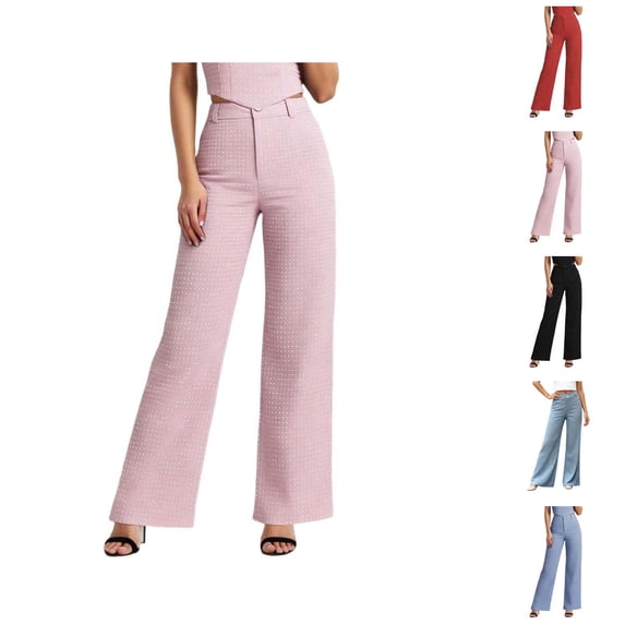 Dress Pants Women 2026 Trendy Casual Low Waist Straight Leg Sparkly Rhinestones Slacks Work Pants Streetwear
