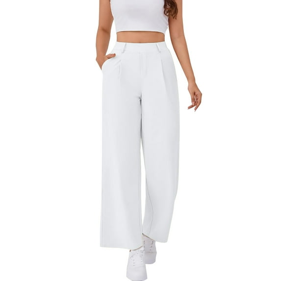 Dress Pants Women, Audhol Wide Leg Stretchy Work Pants Pull on Pants for Women High Waisted Slacks Womens Work Pants White M