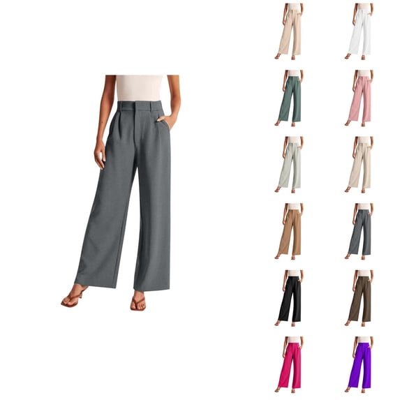 Dress Pants Women Elastic Waist Wide Straight Leg Flowy Business Casual Office Work Pants with Pockets Slacks for Women