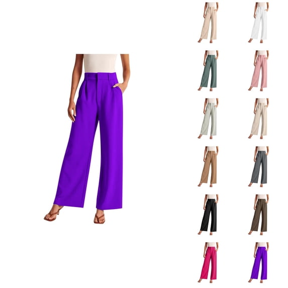 Dress Pants Women Elastic Waist Wide Straight Leg Flowy Business Casual Office Work Pants with Pockets Slacks for Women