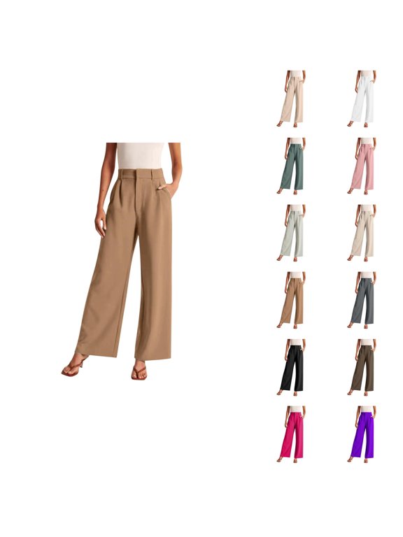Dress Pants Women Elastic Waist Wide Straight Leg Flowy Business Casual Office Work Pants with Pockets Slacks for Women