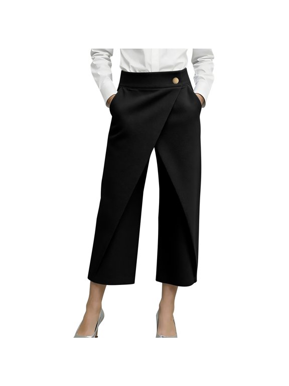 Dress Pants Women High Waist Wrap Front Cross Over Cropped Wide Leg Business Casual Office Slacks with Pockets Work Trousers