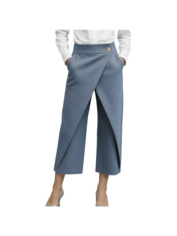 Dress Pants Women High Waist Wrap Front Cross Over Cropped Wide Leg Business Casual Office Slacks with Pockets Work Trousers