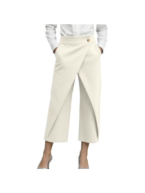 Dress Pants Women High Waist Wrap Front Cross Over Cropped Wide Leg Business Casual Office Slacks with Pockets Work Trousers