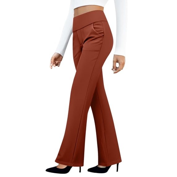 Dress Pants Women High Waisted Wide Leg Pants Elastic Waist with Pockets Soft Yoga Lounge Comfy Casual Business Office Bottoms Brown M