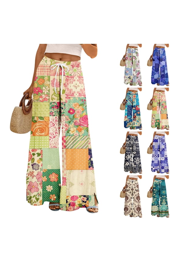 Dress Pants Women Petite High Waisted Wide Leg Summer Beach Vacation Pants Boho Lounge Casual Palazzo Trousers Brown L