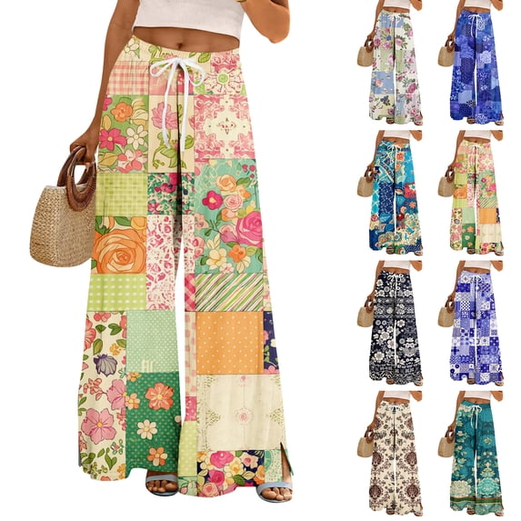 Dress Pants Women Petite High Waisted Wide Leg Summer Beach Vacation Pants Boho Lounge Casual Palazzo Trousers Dark Blue L