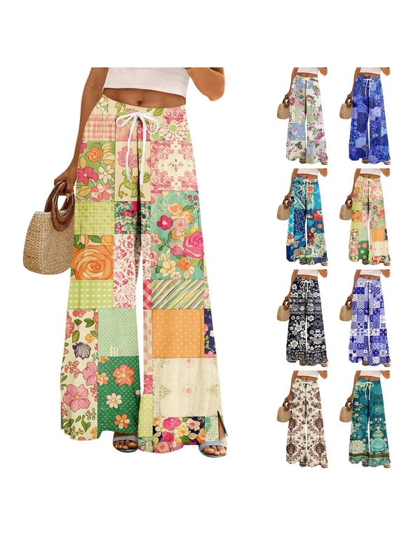 Dress Pants Women Petite High Waisted Wide Leg Summer Beach Vacation Pants Boho Lounge Casual Palazzo Trousers Orange M