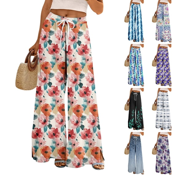 Dress Pants Women Petite High Waisted Wide Leg Summer Beach Vacation Pants Boho Lounge Casual Palazzo Trousers
