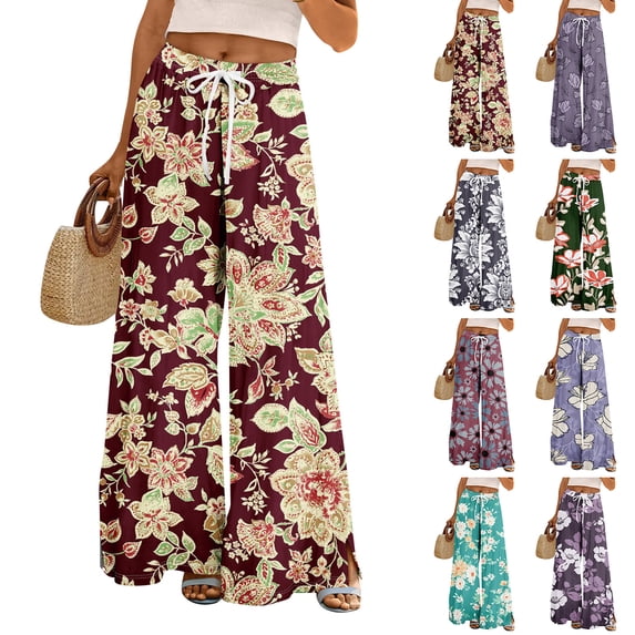Dress Pants Women Petite High Waisted Wide Leg Summer Beach Vacation Pants Boho Lounge Casual Palazzo Trousers