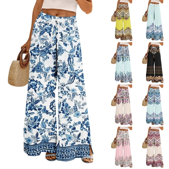 Dress Pants Women Petite High Waisted Wide Leg Summer Beach Vacation Pants Boho Lounge Casual Palazzo Trousers