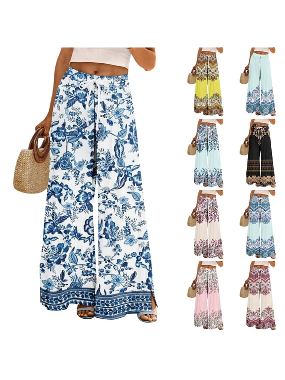 Dress Pants Women Petite High Waisted Wide Leg Summer Beach Vacation Pants Boho Lounge Casual Palazzo Trousers