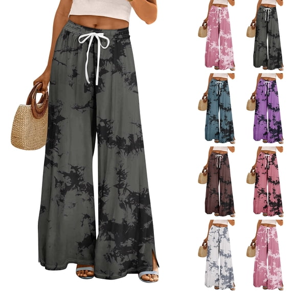 Dress Pants Women Petite High Waisted Wide Leg Summer Beach Vacation Pants Boho Lounge Casual Palazzo Trousers