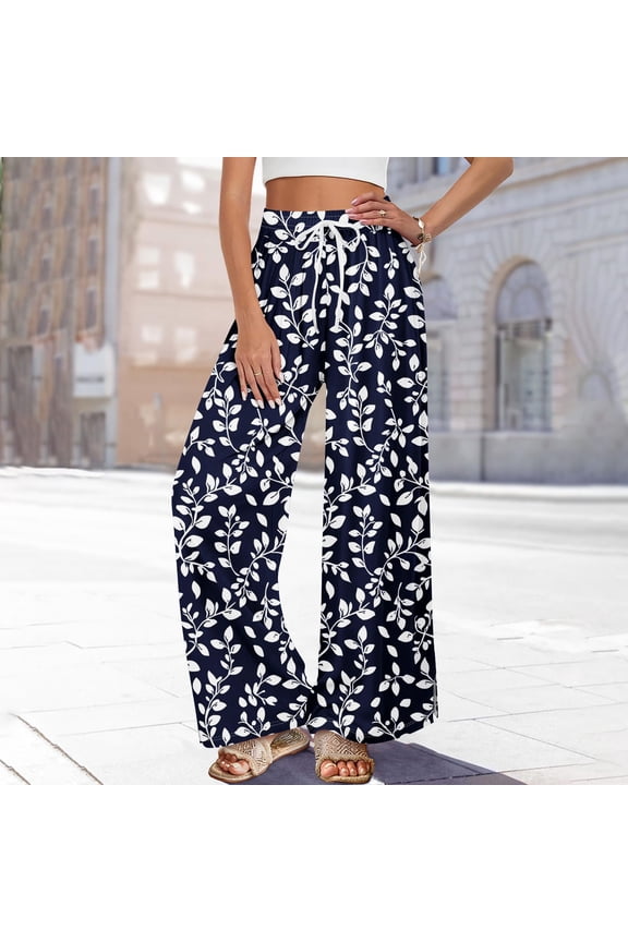 Dress Pants Women Petite High Waisted Wide Leg Summer Beach Vacation Women's Pants Boho Lounge Casual Palazzo Trousers Dark Blue M