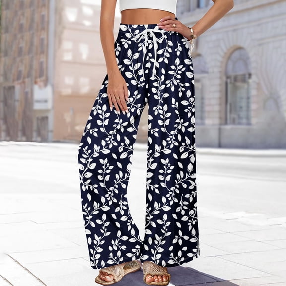 Dress Pants Women Petite High Waisted Wide Leg Summer Beach Vacation Women's Pants Boho Lounge Casual Palazzo Trousers Dark Blue S