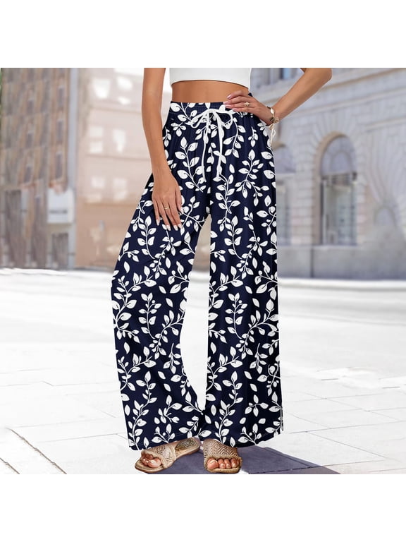 Dress Pants Women Petite High Waisted Wide Leg Summer Beach Vacation Women's Pants Boho Lounge Casual Palazzo Trousers Dark Blue S