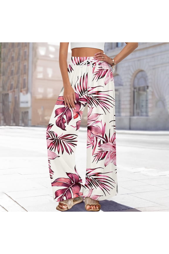Dress Pants Women Petite High Waisted Wide Leg Summer Beach Vacation Women's Pants Boho Lounge Casual Palazzo Trousers Hot Pink L