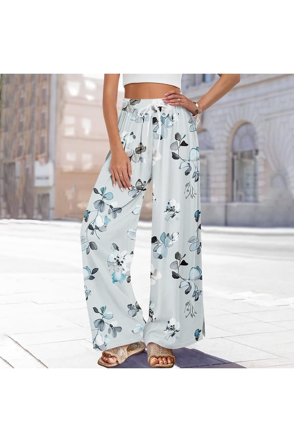 Dress Pants Women Petite High Waisted Wide Leg Summer Beach Vacation Women's Pants Boho Lounge Casual Palazzo Trousers Light Blue 2XL