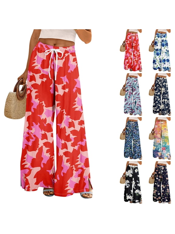 Dress Pants Women Petite High Waisted Wide Leg Summer Beach Vacation Women's Pants Boho Lounge Casual Palazzo Trousers Navy S
