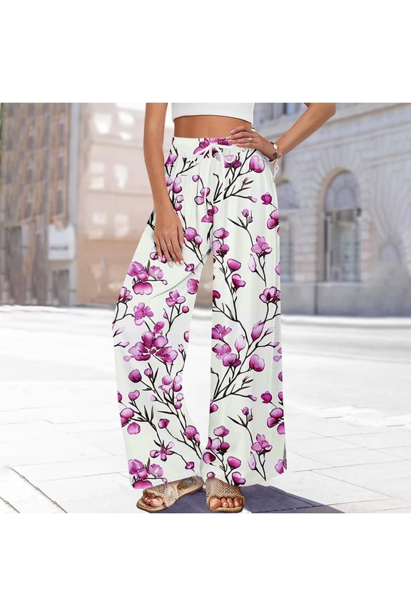 Dress Pants Women Petite High Waisted Wide Leg Summer Beach Vacation Women's Pants Boho Lounge Casual Palazzo Trousers Purple Pink S