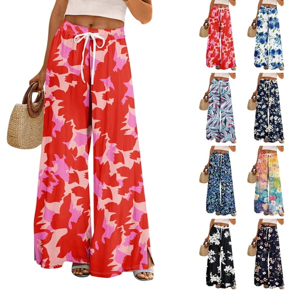 Dress Pants Women Petite High Waisted Wide Leg Summer Beach Vacation Women's Pants Boho Lounge Casual Palazzo Trousers Royal Blue S