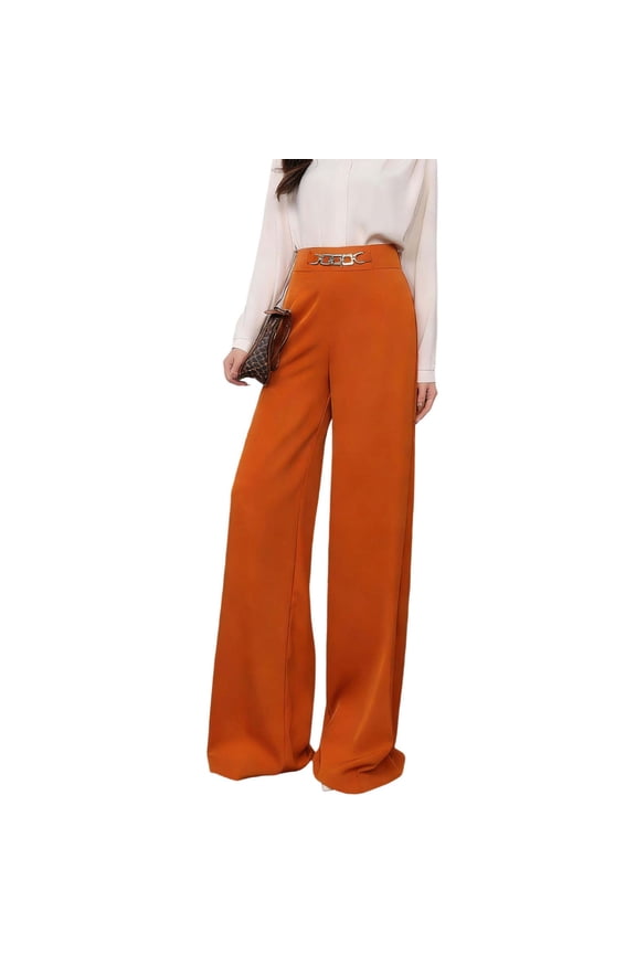 Dress Pants Women Sevevn Women's High Waist Wide Leg Dressy Pants Decorative Buckle Elegant Casual Trousers Orange M