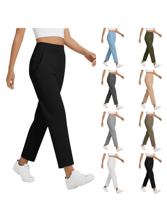Dress Pants Womens High Waist Straight Leg Pants Cropped Casual Pull On Trousers with Pockets Black S